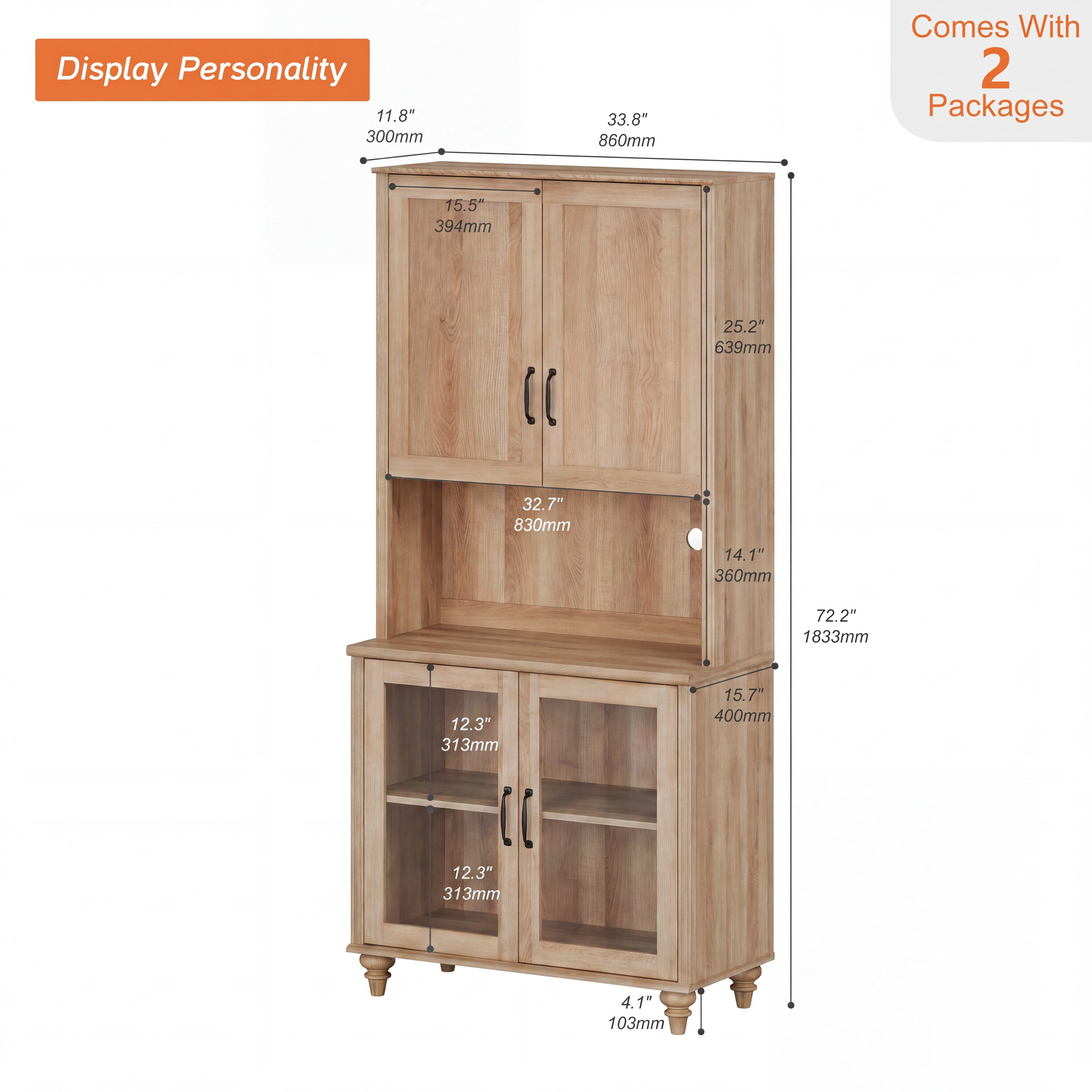 Sideboard Buffet Cabinet with Storage, 5-Tier Bookcase with Adjustable Shelf, Farmhouse Library Wooden Bookshelves for Living Room, Office, Study Room, Oak, 72" H