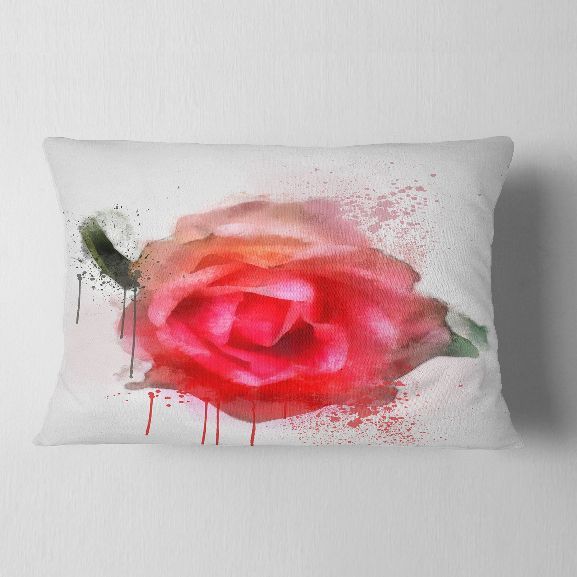 Designart Beautiful Red Rose Watercolor - Floral Throw Pillow - 12x20