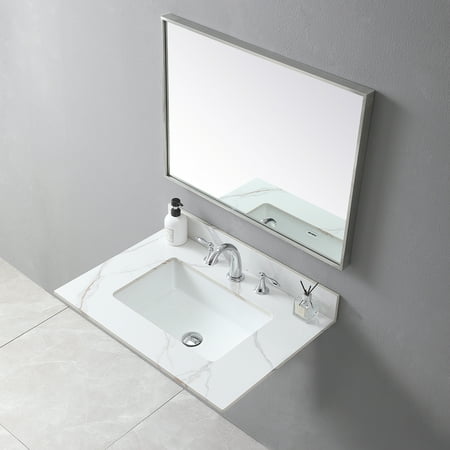 Montary 31inch Bathroom Vanity Top Sintered Stone Carrara Gold Tops with Rectangle Undermount Ceramic Sink and Back Splash with 3 Faucet Hole for Bathrom Cabinet