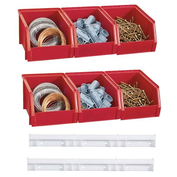 Stack-On Small Parts Storage and Organization Bins with Hangers, Red (6 Pack)