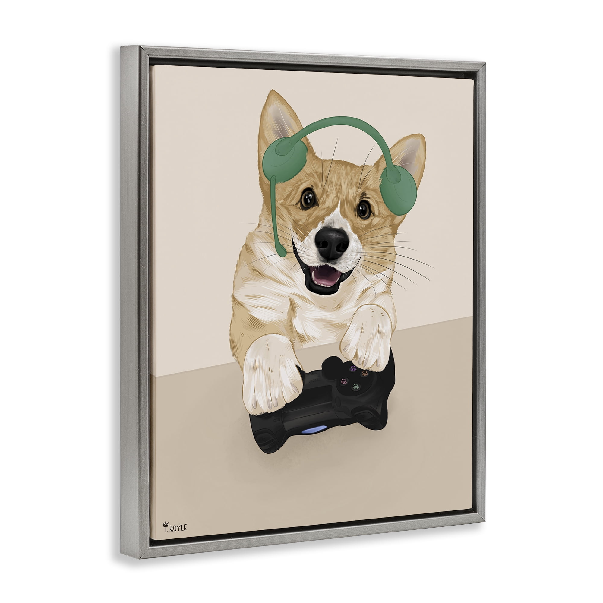 Stupell Industries Happy Gamer Dog Animals & Insects Painting Gray Floater Framed Art Print Wall Art, 17 x 21