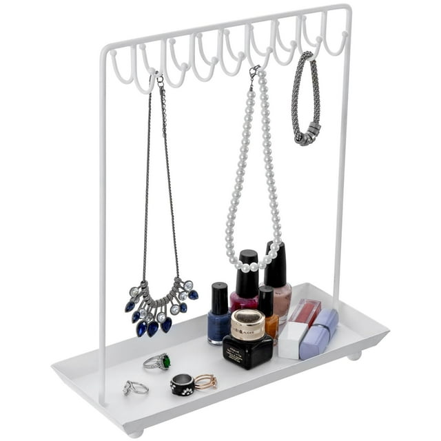 Joyero Exhibidor Hecho de Metal en Color Blanco, Organizador de collares de 20 ganchos, soporte para collares con bandeja para Pulseras, anillos