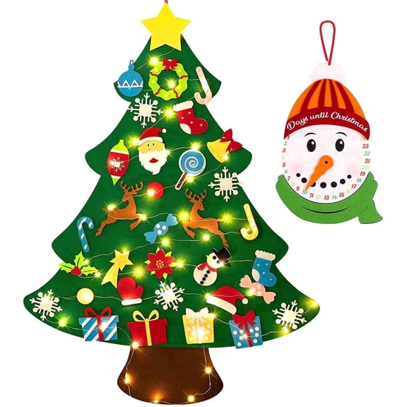 TETOU 3Ft DIY Felt Christmas Tree Set, Snowman Advent Calendar 32 Ornaments with Led String Light Felt Xmas Tree Set for Christmas Kids Gift Indoor Wall Hanging Decorations