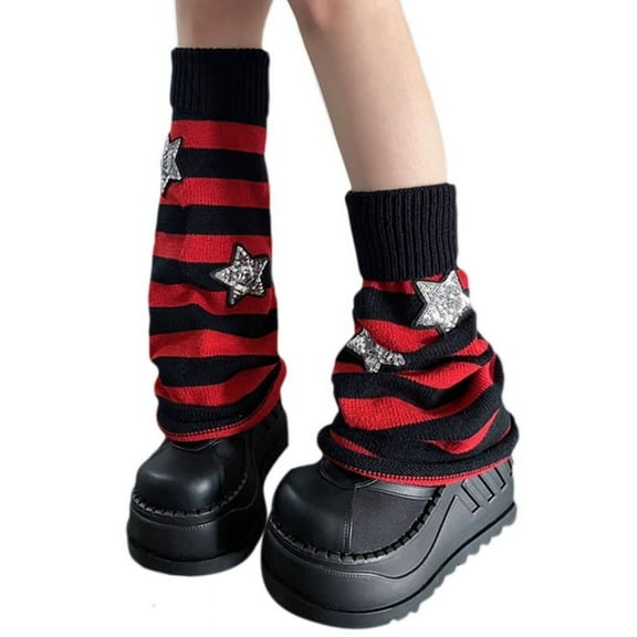 Winter Autumn Knitted Leg Warmers Cute Sequins Star Appliques Striped Foot Leg Covers Baggy Knee High Socks for Women