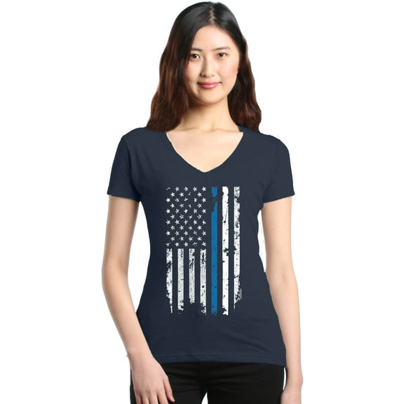 Shop4Ever Women's American Flag Blue Line Patriotic 4th of July Slim Fit V-Neck T-Shirt Medium Charcoal