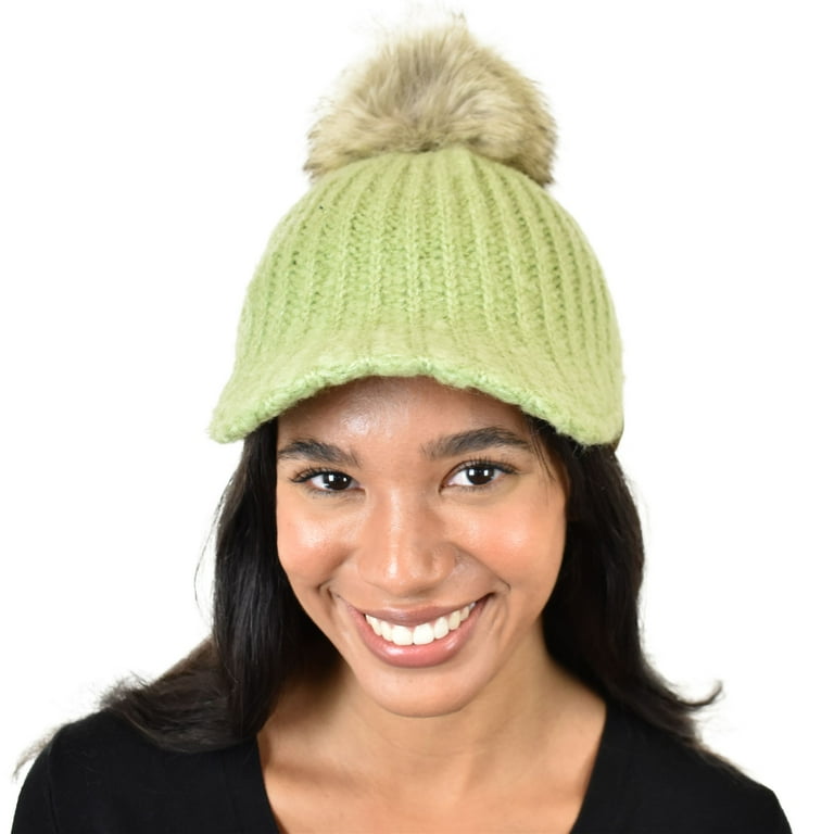 C.C Winter Warm Knit Jockey Style Faux Fur Pom Visor Beanie Cap