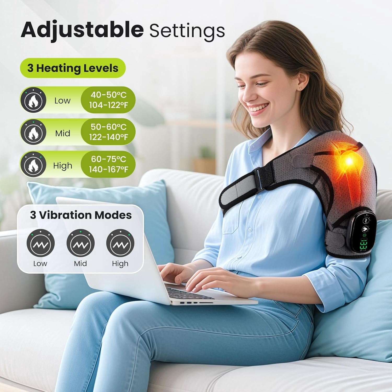 Cordless Shoulder Massager, Heated Shoulder Wrap with Vibration, Electric Shoulder Heating Pads Heated Shoulder Braces with 3 Heating Setting, Left Right Shoulder Massage for Men Women
