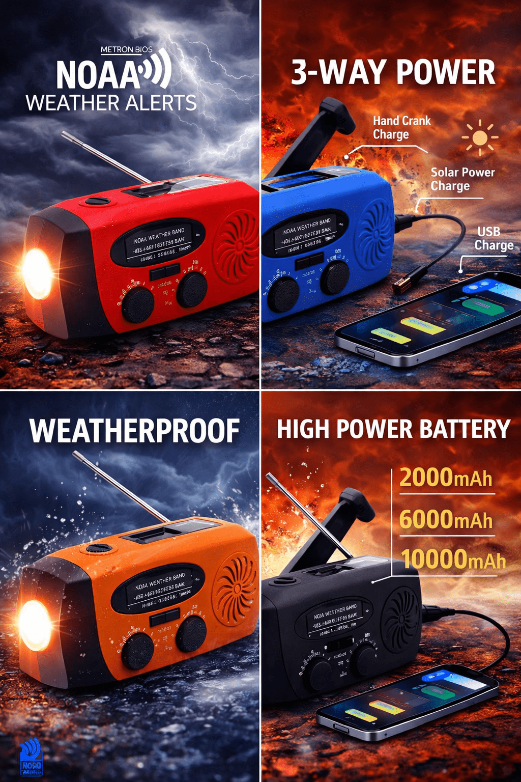10,000 mAh7-Band Emergency Weather AM/FM/WB Radio with NOAA, Flashlight, Phone Charger (BLUE)