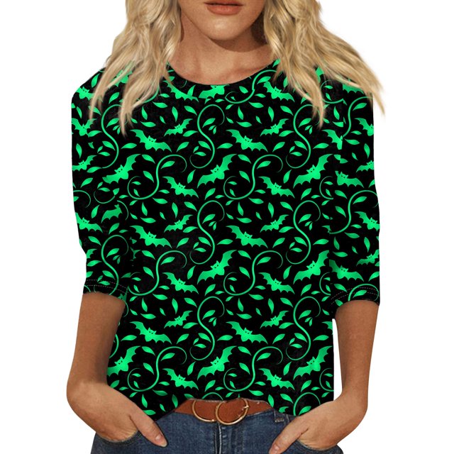 Camiseta de Halloween de manga 3/4 para mujer: camiseta informal con estampado espeluznante de calabaza, murciélago y telaraña