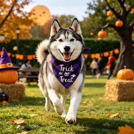 Pet Dog Supplies, Small Dog Bandana, Halloween Gifts, Halloween Decor for Pets, Purple Black Checkered Bandana, Printed with Halloween and Bat Patterns, Lightweight Breathable