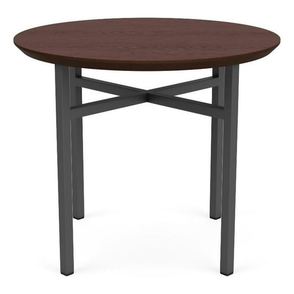 Avon Reception Waiting Round End Table 24" HPL Top / Charcoal Steel / Walnut