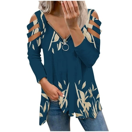

Long Sleeve Tunic Tops for Women Loose Fit Fall Shirts Sexy Zip Up V Neck Cold Shoulder Hide Belly Blouses T Shirts