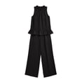 thumbnail image 4 of Guluxicc 2 Piece Womens Outfit Sets Linen Mock Neck Sleeveless Smocked Ruffle Hem Top High Waist Wide Leg Pants Outfits with Pockets, 4 of 5