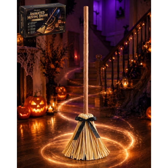 2027 New Broomy Halloween Decorations Indoor 49" Moving Witch Broom that Moves with Sound & Touch Activated Sensor Witches Broomstick Magic Design Auto-Turn Base Spooky Party Decor Home Haunted House