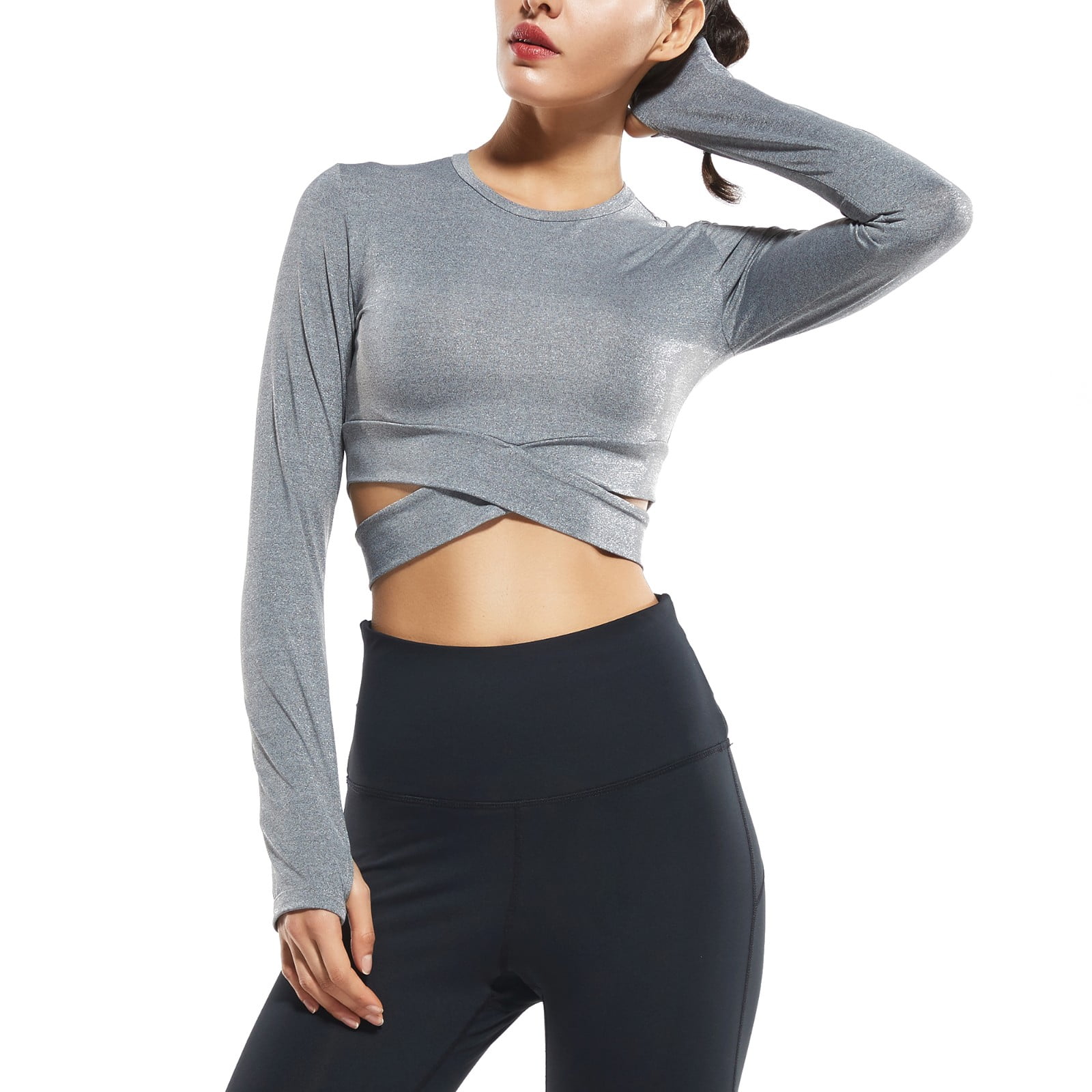 Removable Crop Top Padded Compression Long Sleeve Fitness Athletic Yoga Sports Shirt Workout Yoga Tops for Women