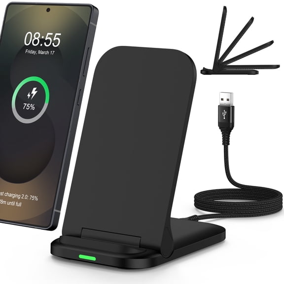 ABCPOW 1Pack Fast Wireless Charger Stand Compatible for iPhone 16 15 14 13,Foldable 15W Wireless Charger Pad for Samsung Galaxy S24 S23 Ultra Cordless Charging Station Android Phone Holder Dock,Black