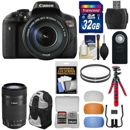 Canon EOS Rebel T6i Wi-Fi Digital SLR Camera & EF-S 18-135mm IS & 55-250mm IS STM Lens with 32GB Card + Backpack + Tripod + Filters + Diffusers Kit