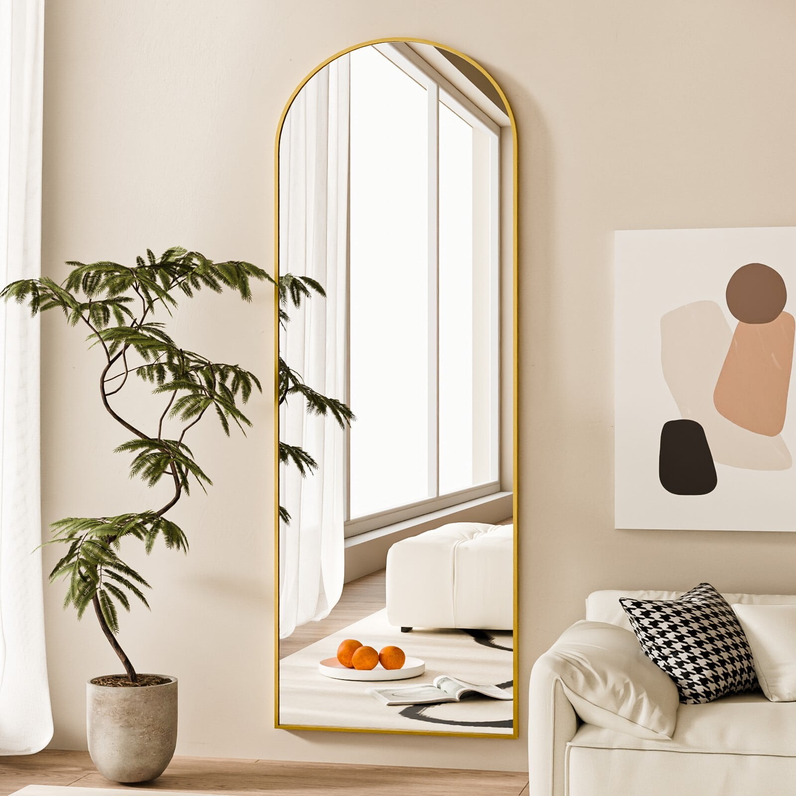 Easy4Home 58"x19" Arched Full Length Mirror with Aluminum Alloy Frame Freestanding Floor Dressing Mirror, Gold
