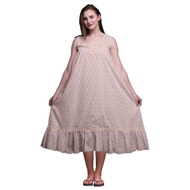 Bimba Robe de Nuit Mi-Mollet à Fleurs de Saumon3 Rose Pâle pour Femmes, Coton Imprimé, Sans Manches, Maxi, X-Small