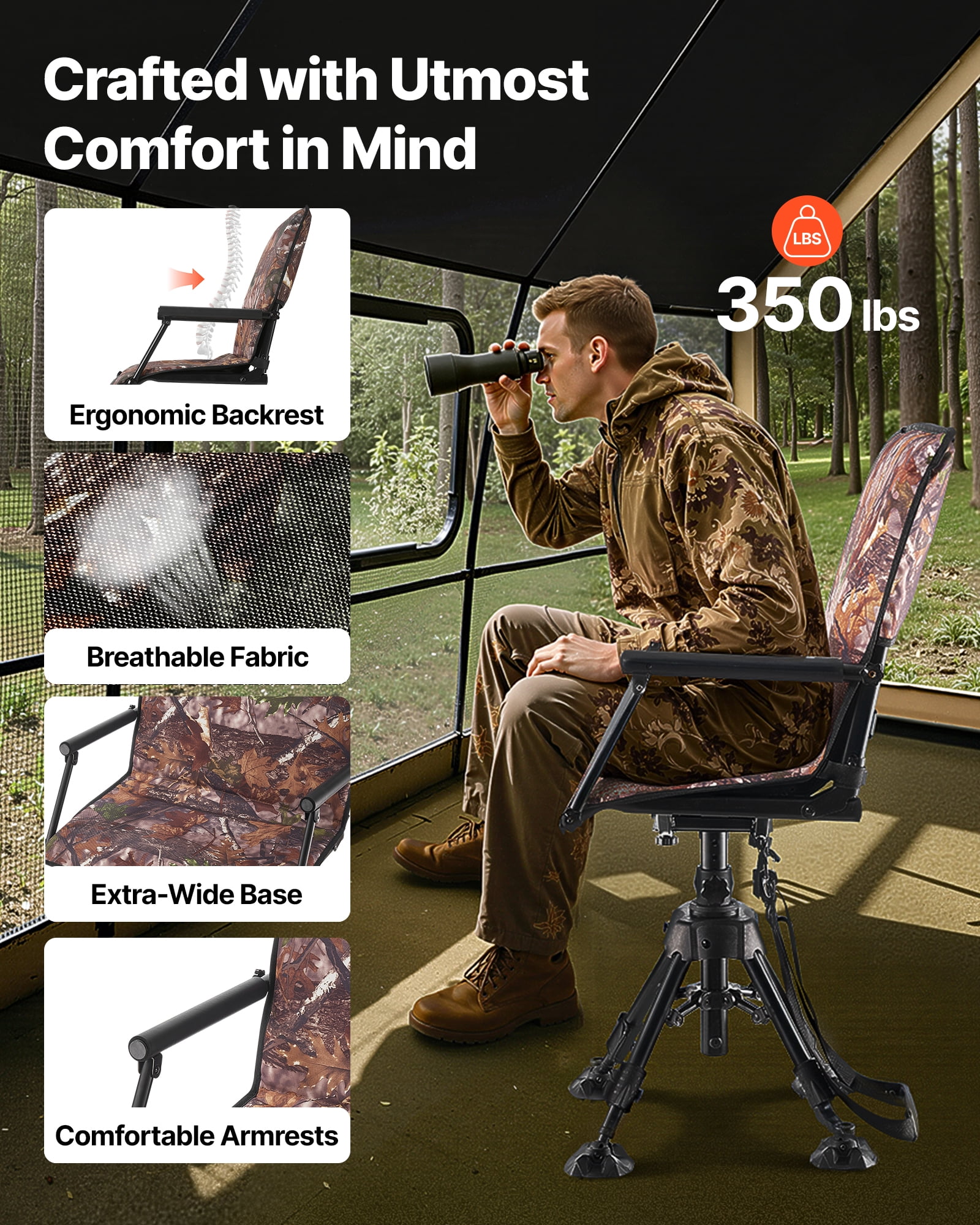 VEVOR Hunting Chair, 360° Silent Swivel, Foldable Portable Blind Chair, Heavy-Duty Steel Frame Ground Stool Seat,with Armrests,Cover,Anti-Sink Feet,Height Adjustable,350 Lbs Capacity for Camping