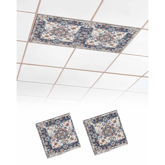 Fluorescent Light Covers for Ceiling Lights 2 Pack, Boho Navy Blue Red Magnetic Ceiling Light Covers 2x4ft for Classroom Office School, Southwestern Geometric Vintage Art Drop Ceiling Light Shade