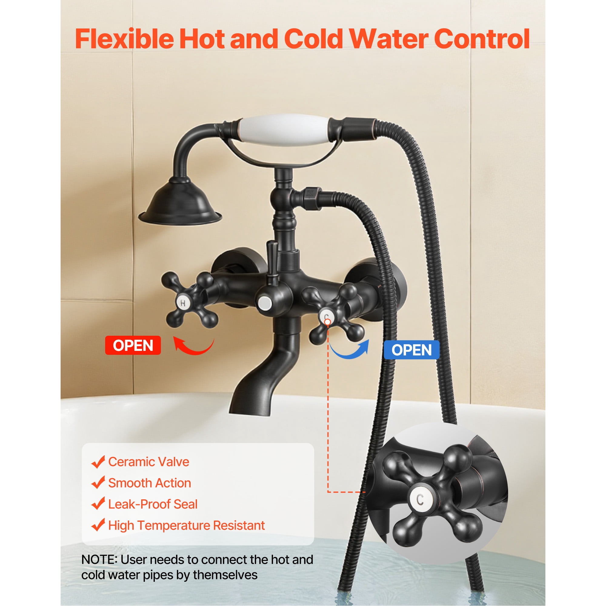 KFFKFF Wall-Mounted Clawfoot Tub Faucet with Handheld Shower, Vintage Oil-Rubbed Bronze Bathtub Filler Kit Featuring Adjustable Swing Arms and 360° Rotating Spout