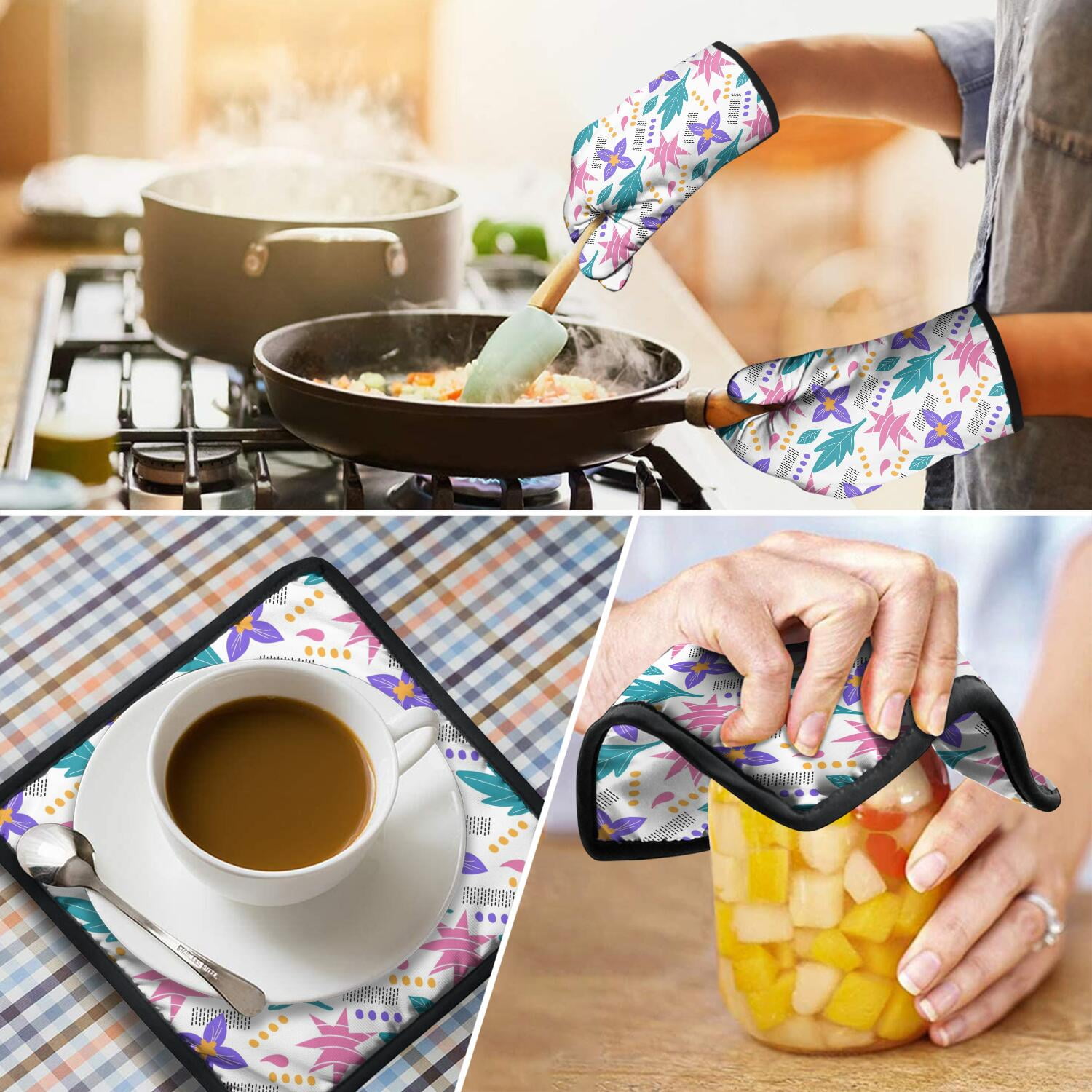 Floral Pattern Oven Mitts and Pot Holders Set Of 4, Heat Resistant Kitchen Gloves with Non-Slip Grip, Hanging Loop, Soft Cotton Lining for Baking, Cooking, Grilling, Barbecue