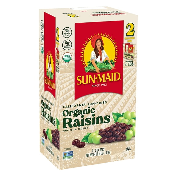 Sun-Maid Organic California Raisins Snack |Whole Natural Dried Fruit | No Sugar Added | Naturally Gluten Free | Non-GMO | Vegan And Vegetarian Friendly, 32 Ounce Bags (Pack Of 2)