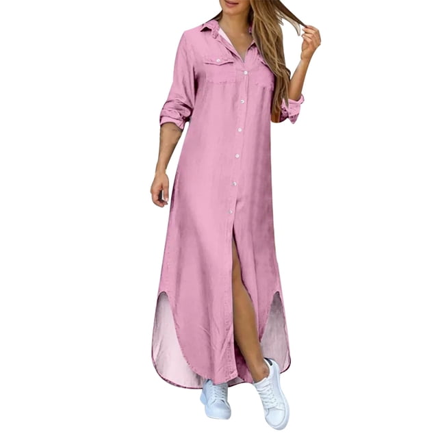 2025 Robe Chemise à Revers à Boutons pour Femme, Robe d'Été Chic avec Fente, Robe d'Été pour Femmes Décontractée, Robes à Queue pour Femmes, Robe Midi d'Été avec Fente, Grande Taille Maxi
