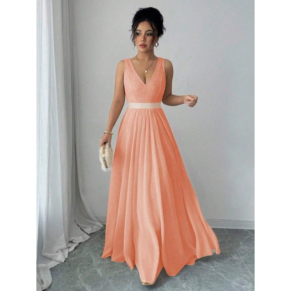 Coral Pink Sleeveless V-Neck Lace Bodice Cinched Waist A-Line Maxi Party Dress For Women