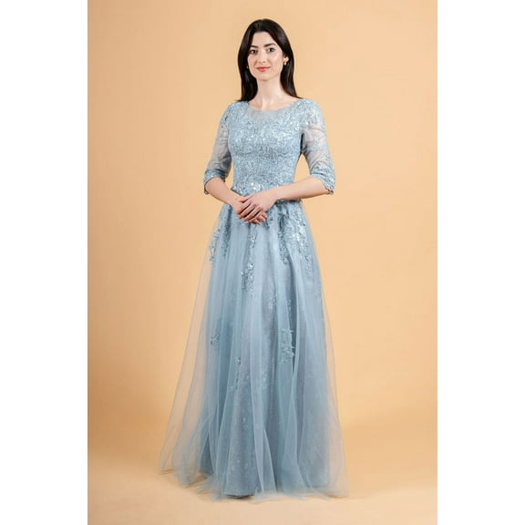 Women's Elizabeth K Lace 3 4 Sleeve A-line Gown Gl3629 Dress Smoky Blue Size L