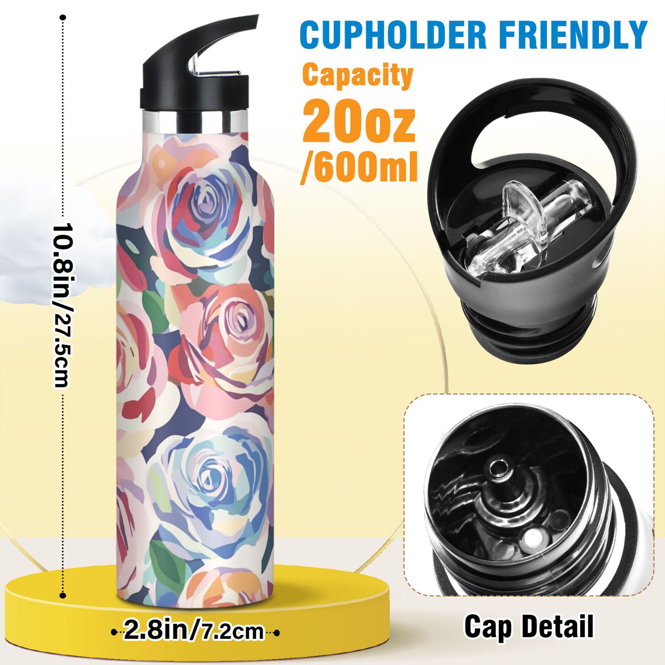 Kids Insulated Stainless Steel Sports Water Bottle 600ml (20oz) Modern Art Roses