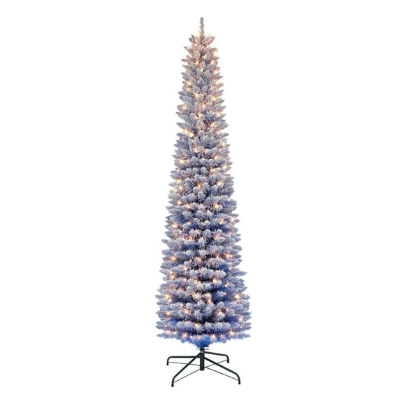 6.5 ft Pre-lit Flocked Fashion Blue Pencil Tree 356 Tips 200 UL Clear Incandescent Lights