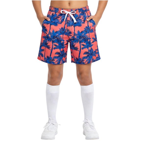 Boys Swim Trunks Quick Dry Stretch with Adjustable Waist, Purple Palm Print Bathing Suits Shorts for Kids Ages 6-15,Size 7-8T
