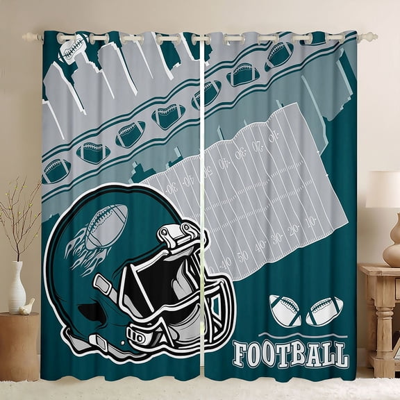 Manfei Green Football Helmet Black Out Curtains,Rugby Sport Curtains Pack of 2 (42x63 Each),Boys Ball Game Bedroom Curtains For Kids,Ultra Soft Home Decor