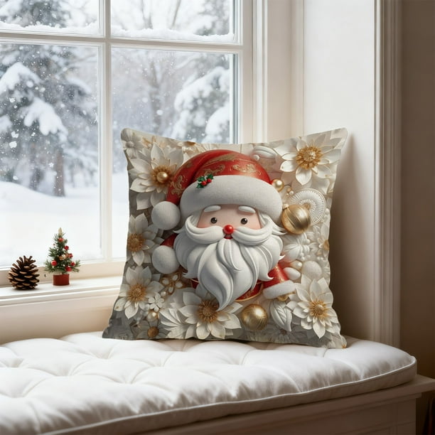 Funda de cojín navideña de lino | Funda de cojín para sofá de 45 x 45 cm | Estampado 3D de Papá Noel, reno, muñeco de nieve y árbol | Decoración en rojo, blanco y dorado