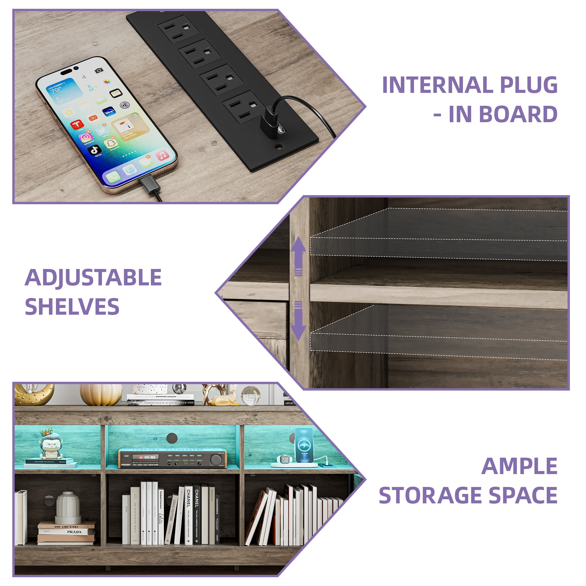 Uforic Farmhouse-Inspired TV Stand with Power Outlet, LED-Lit Media Console, Simplistic TV Cabinet for Living Room or Bedroom, Rustic Gray, 59 Inch