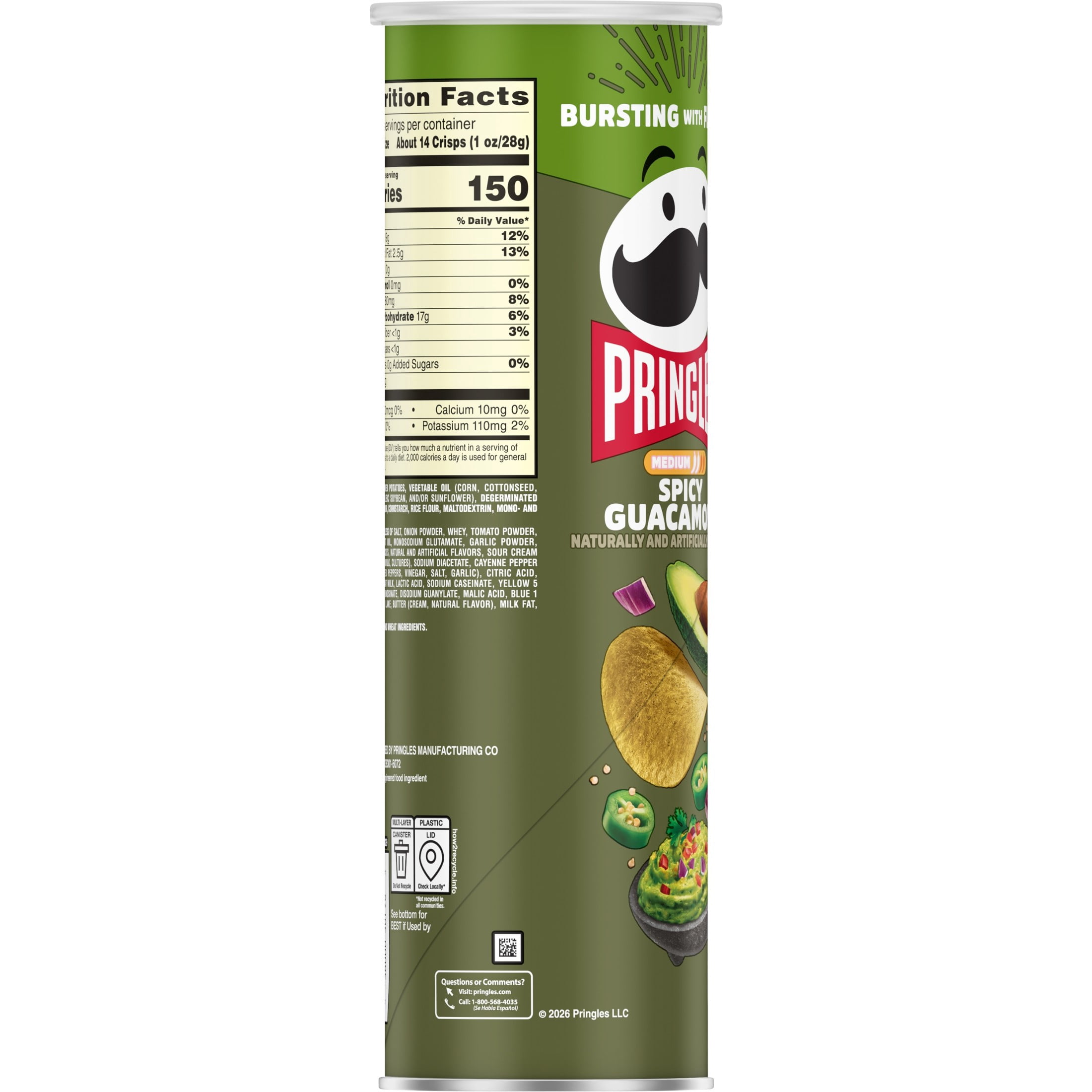 Pringles Spicy Guacamole Potato Crisps Chips, Lunch Snacks, 5.5 oz Canister