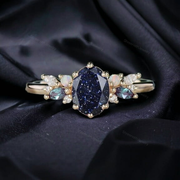 Galaxy Sandstone Bridal Ring Rose Gold Engagement Ring Multi Gemstone Cluster Ring Marquise Alexandrite Jewelry Art Deco Opal Birthday Gift