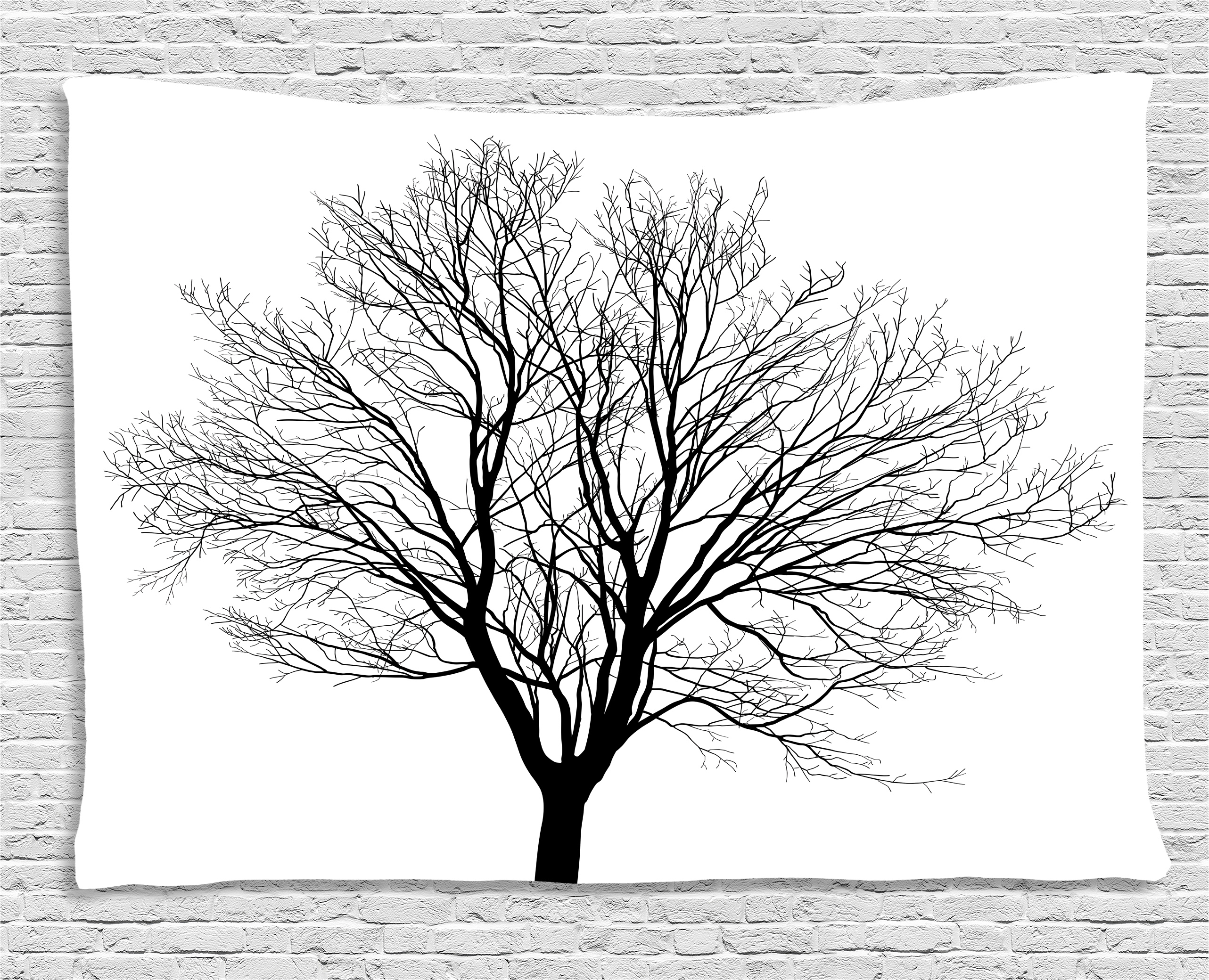 Black and White Tapestry, Monochrome Barren Maple Tree Silhouette Hand Drawn Autumn Season