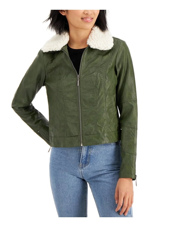 Women's Green Faux Leather Faux Fur Collar Jacket
