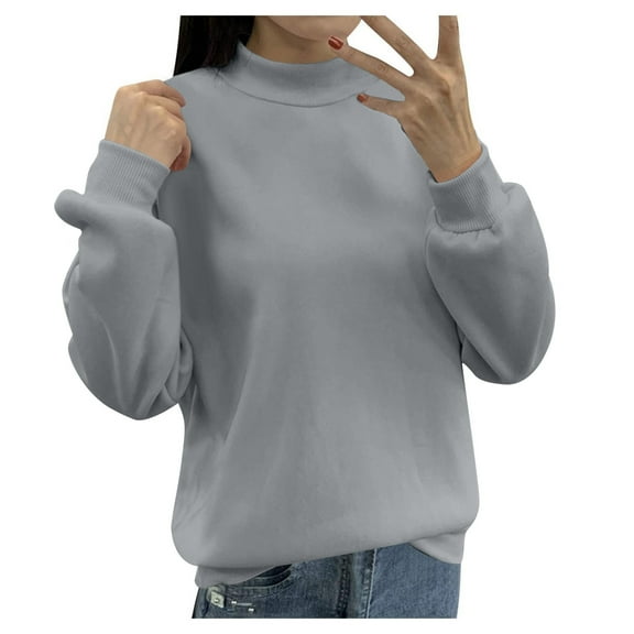 Wangmeiwg Women's Sweatshirts Women's Lined Turtleneck Pullover Loose Casual Long Sleeve Crew Neck Solid Color Hoodies Sweatshirt Top for Everyday Wear Grey M