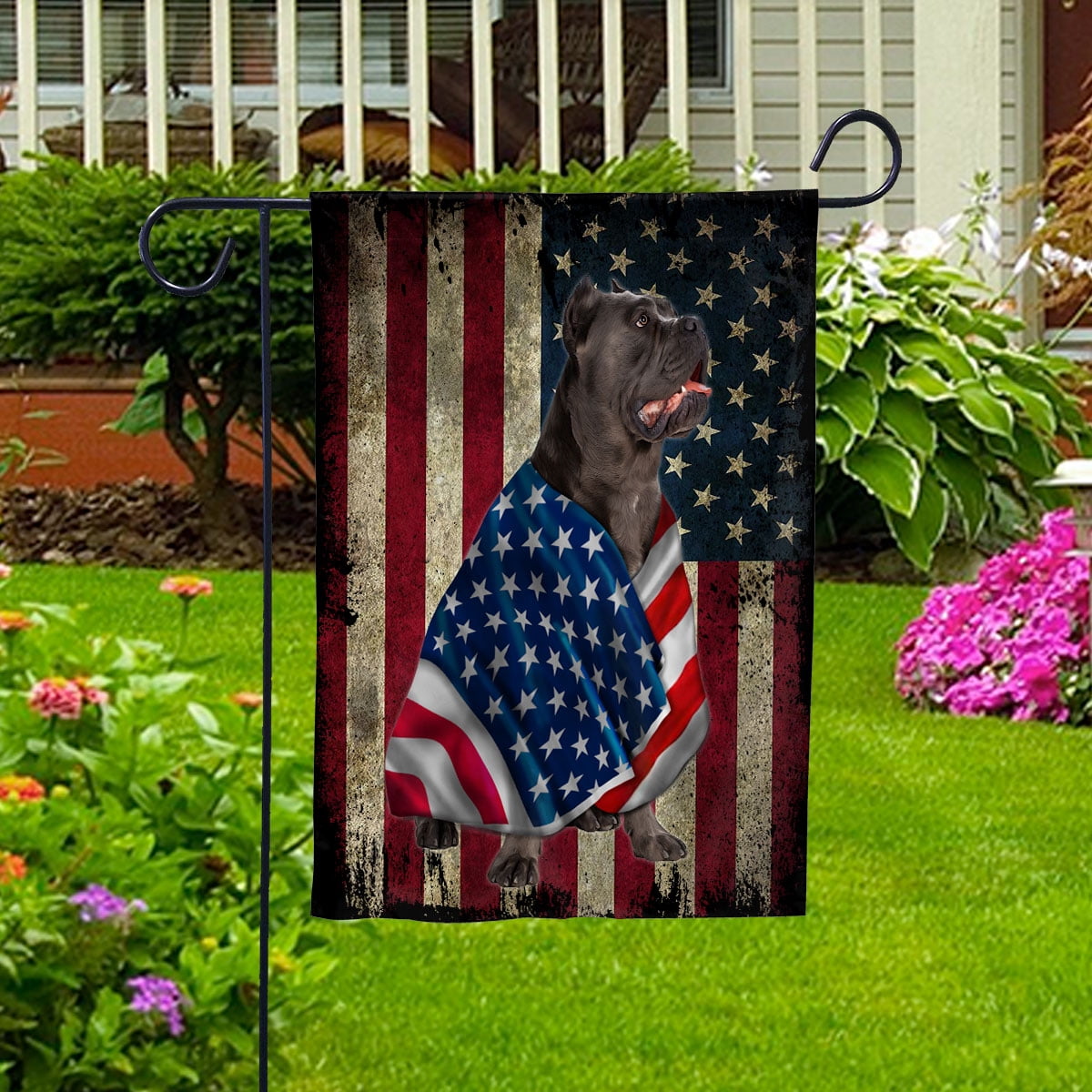American Flag with Cane Corso Dog stand under the cross Patriot Patriotic 4th of july House Flag, Double-Sided Decorative Outdoor Flag, Patriotic Polyester Yard Flag 29.5 x 39.5 in