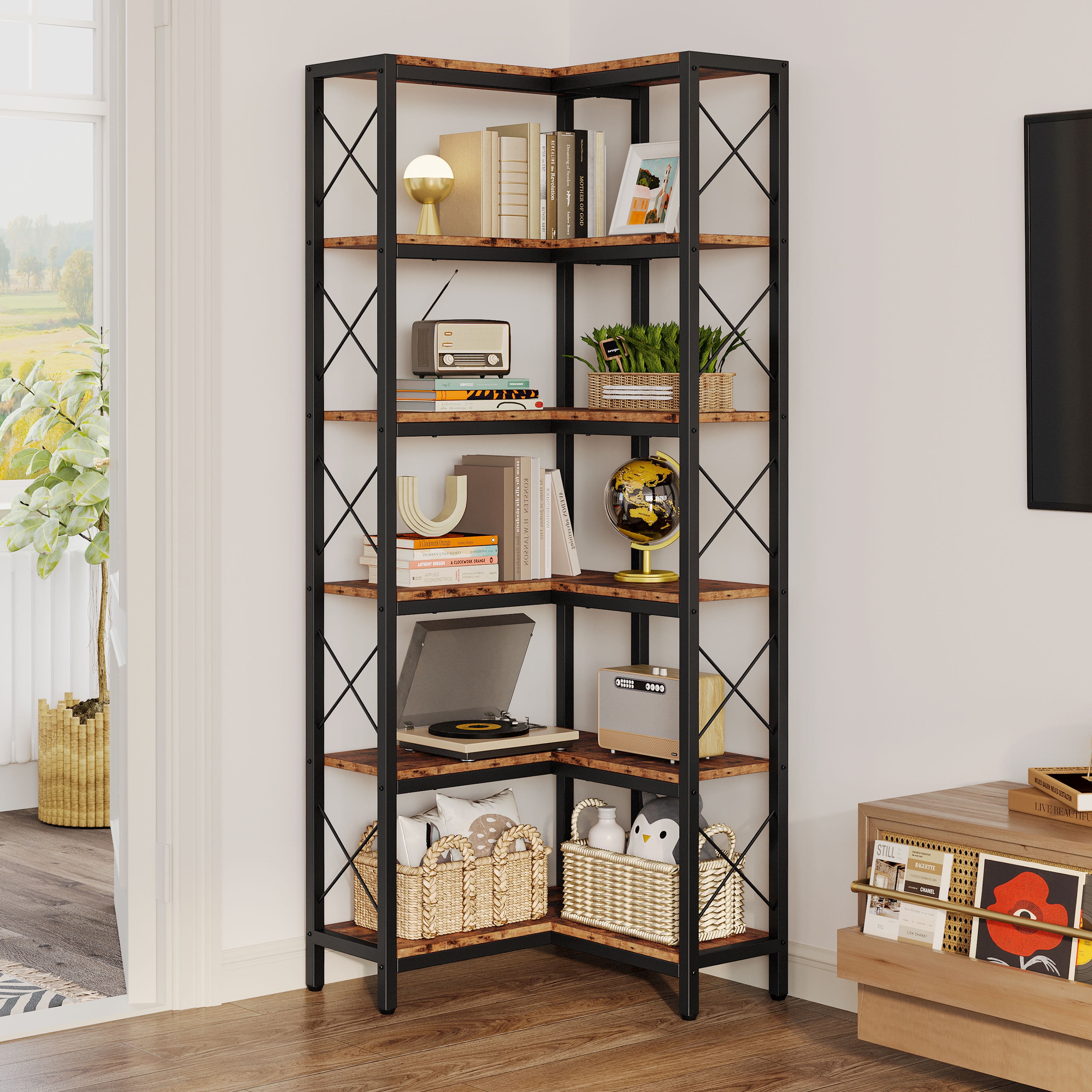 IRONCK 6-Tier Corner Shelf, Industrial L-shaped Display Bookshelf, Freestanding Bookcase for Living Room Home Office, Brown