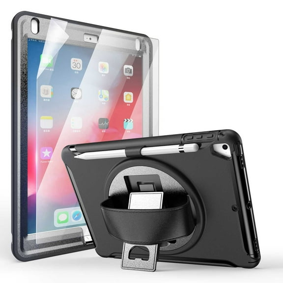 Dteck Screen Protector Case for iPad 5th Gen (2017)/6th Gen (2018)/iPad Air 1st/Air 2/iPad Pro 9.7" Shockproof Three-Layer Heavy Duty Protector Rubber Hard Stand Hand Strap Cover 9.7-inch,Black