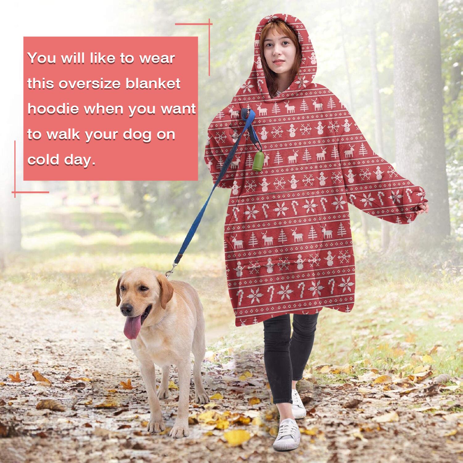 Wearable Oversized Blanket,Red Christmas Knitted Pattern Wearable Blanket Hoodie for Adults,Cozy Hooded Blankets with Super Pockets,Super Warm Fuzzy Pullover for Women & Men