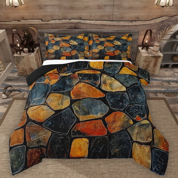 Manfei Retro Stone Bedding Comforter Set,Vintage Aesthetic Desgin Twin Comforter Sets,Deepblue Orange Bedding Set For Men Women,Super Cozy Room Decor Reversible,2-Piece