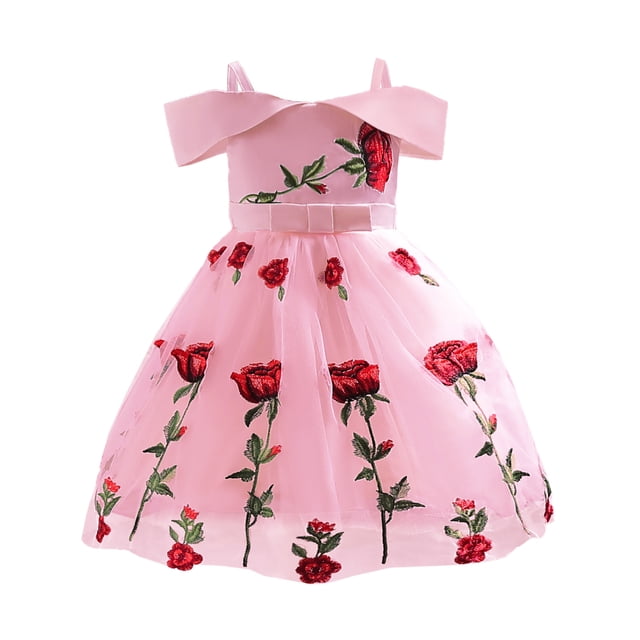 Vestido de niña, vestido de princesa con hombros descubiertos para niña, vestido de malla con bordado de rosas para niña