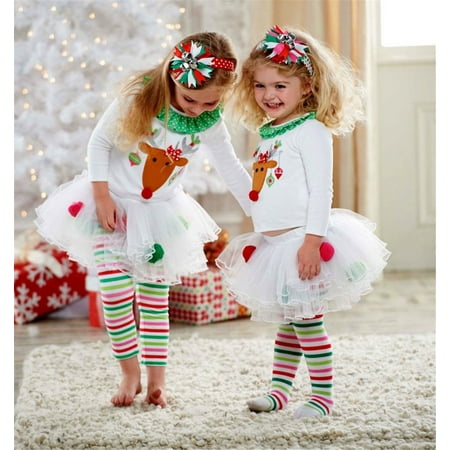 

Izhansean Toddler Baby Girls Christmas Outfits Reindeer T Shirt Pom Poms Tutu Leggings Striped Pants Clothes White 18-24 Months