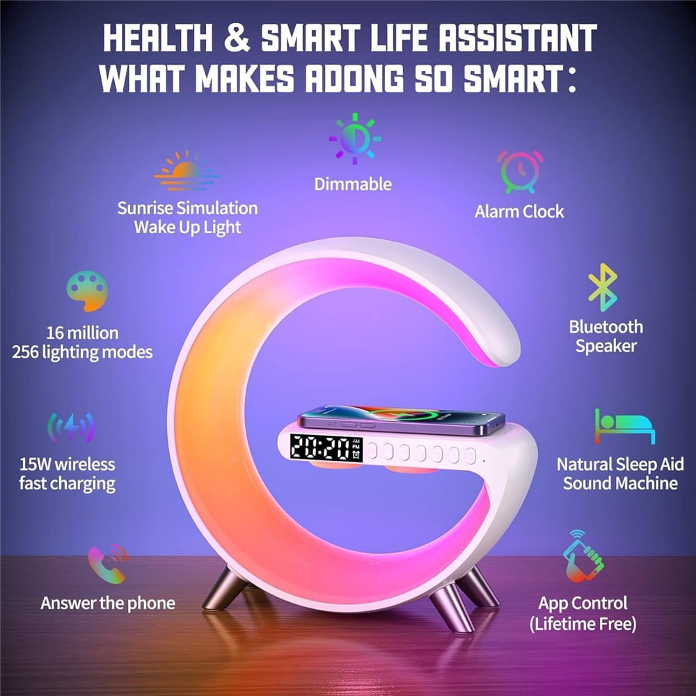 Smart LED Desk Lamp, 4-in-1 Wireless Charger, Night Light, Alarm Clock and Bluetooth Speaker with App Control for Bedroom, Office and Home Decoration,White